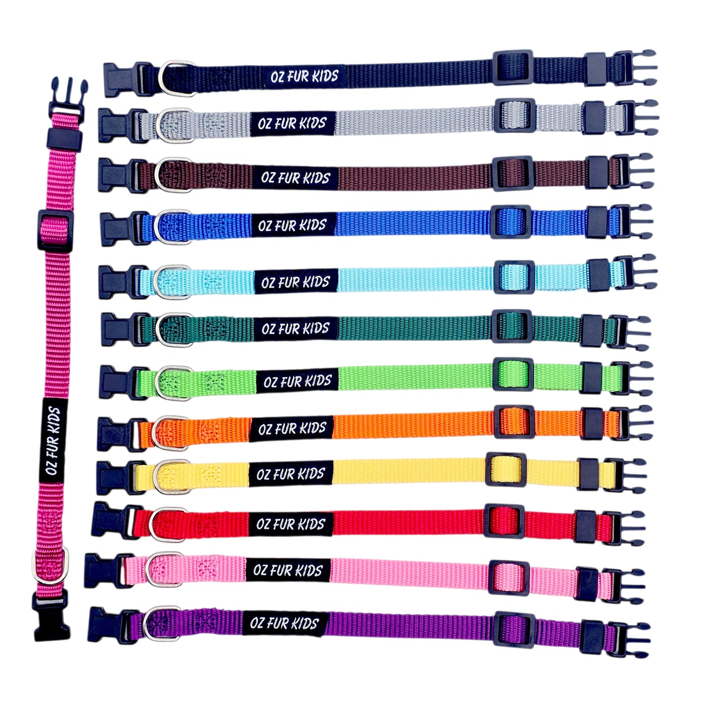 Set of 13 colorful pet collars with 'OZ FUR KIDS' branding on a white background