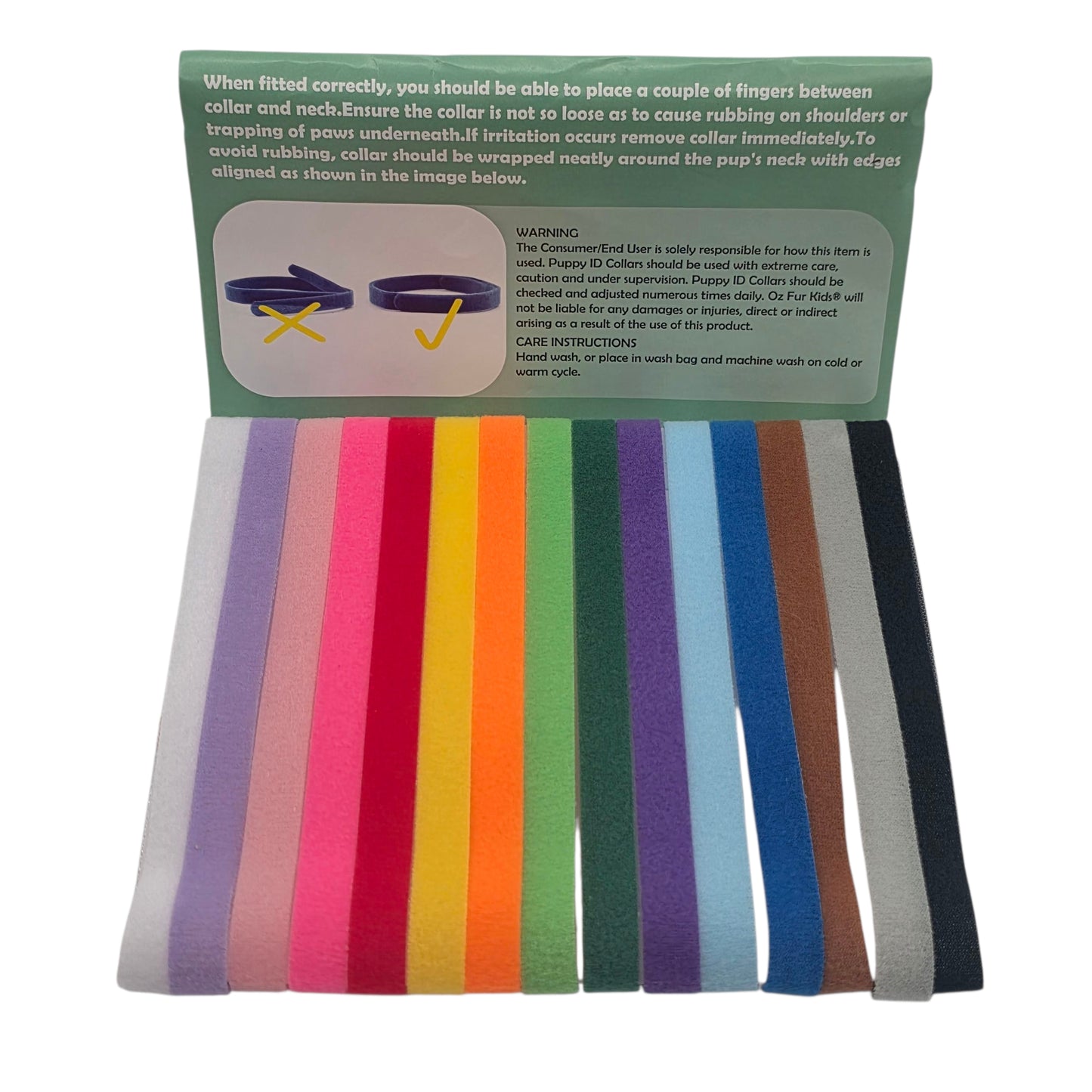 Set of colorful dog collars in a package with instructions.