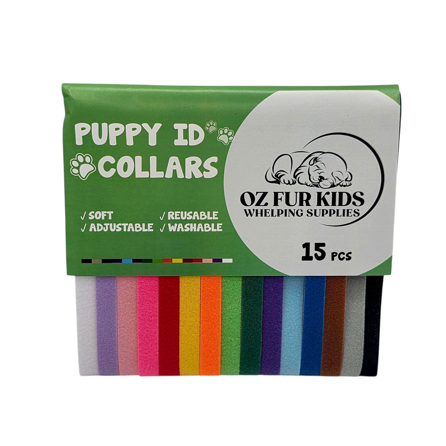 Pack of colourful puppy ID collars with 'Oz Fur Kids' branding on a white background.