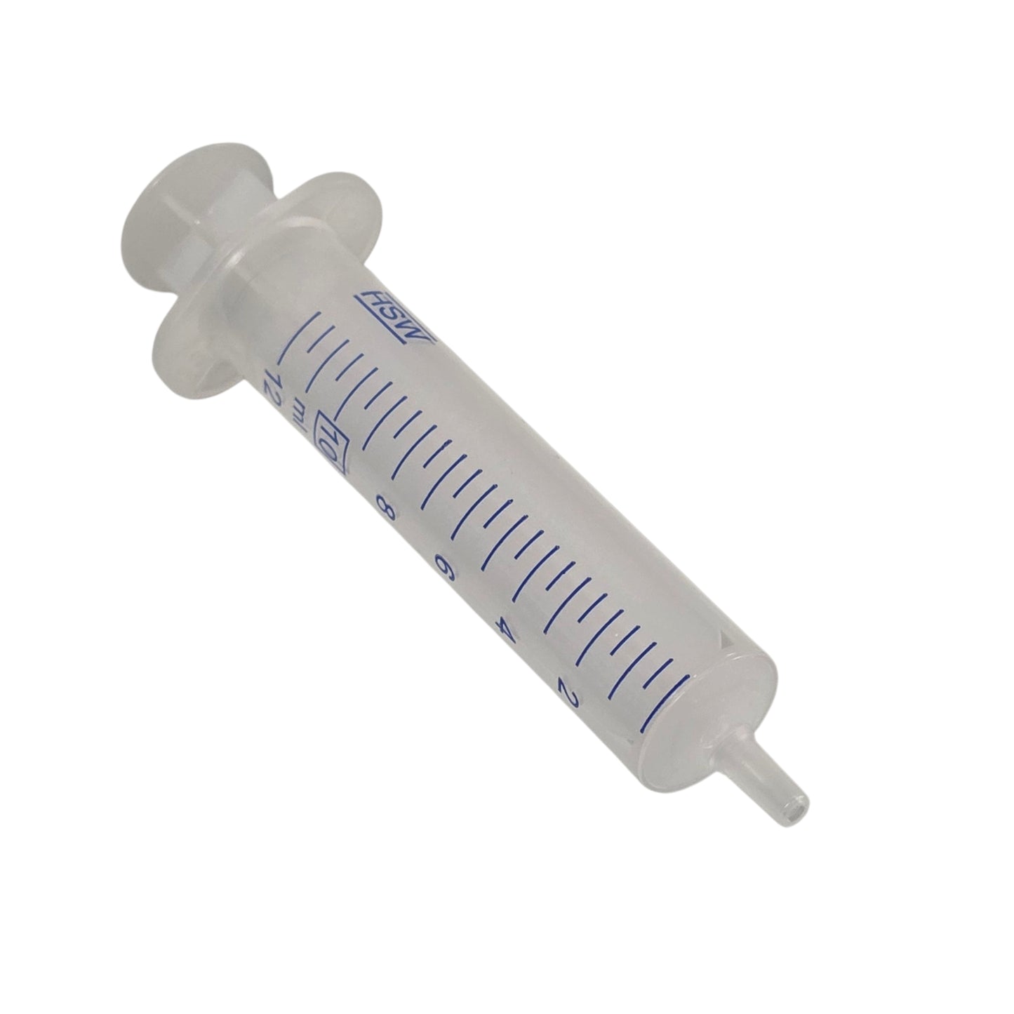 White syringe with measurement markings on a white background