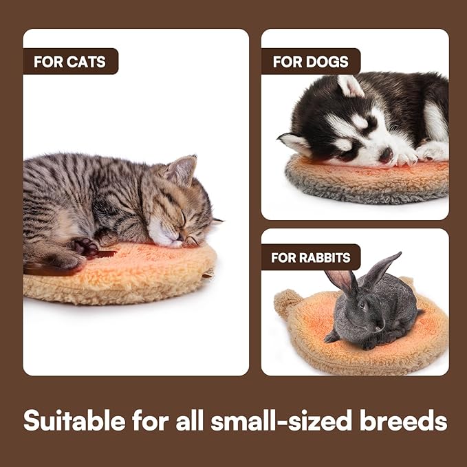 AFP Heat pad Pet beds for cats, dogs, and rabbits with text indicating suitability for small breeds.