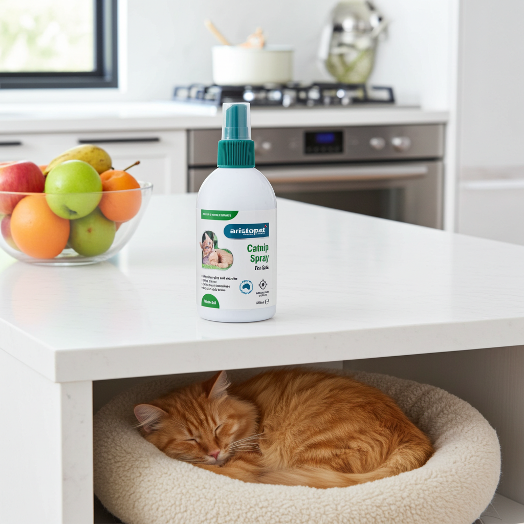 Cat lying on a pet bed asleep with a bottle of Catnip Spray on a kitchen counter.