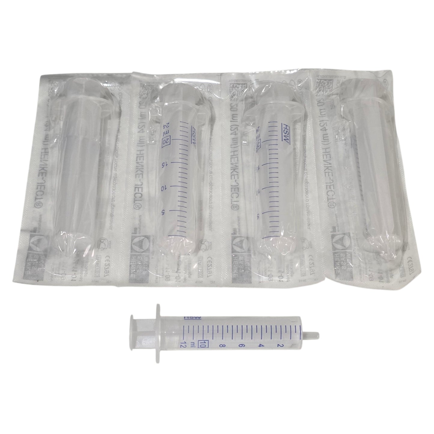 Packaged syringes with measurement markings on a white background