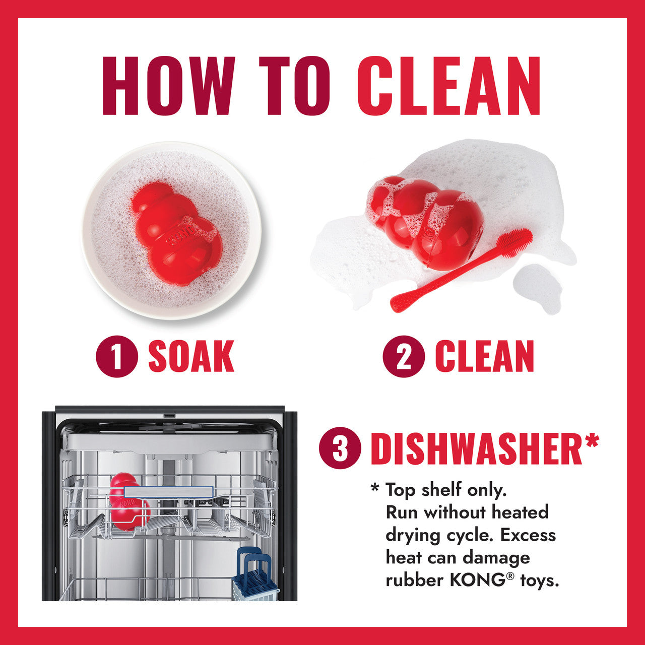 Instructions on how to clean KONG toys with images and text.