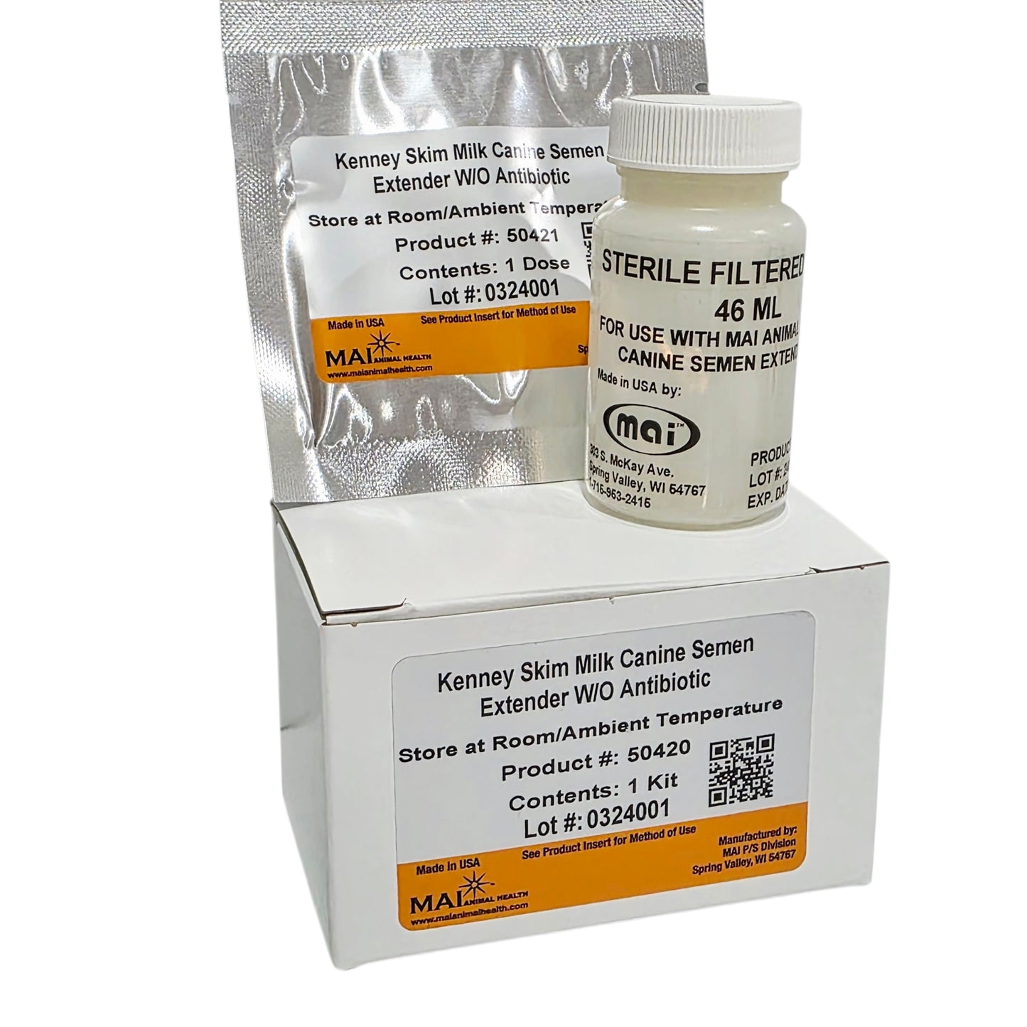 Kenney Canine Semen Extender kit containing a sterile filtered bottle of canine semen extender with MAI antibiotic and a silver foil pouch, shown on a white background.