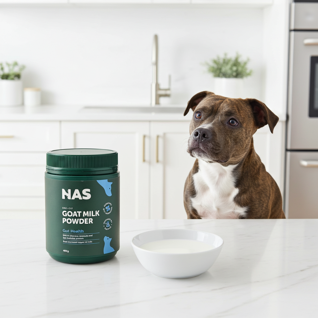Dog sitting next to a container of NAS Goat Milk Powder and a bowl of goat milk on a kitchen counter.