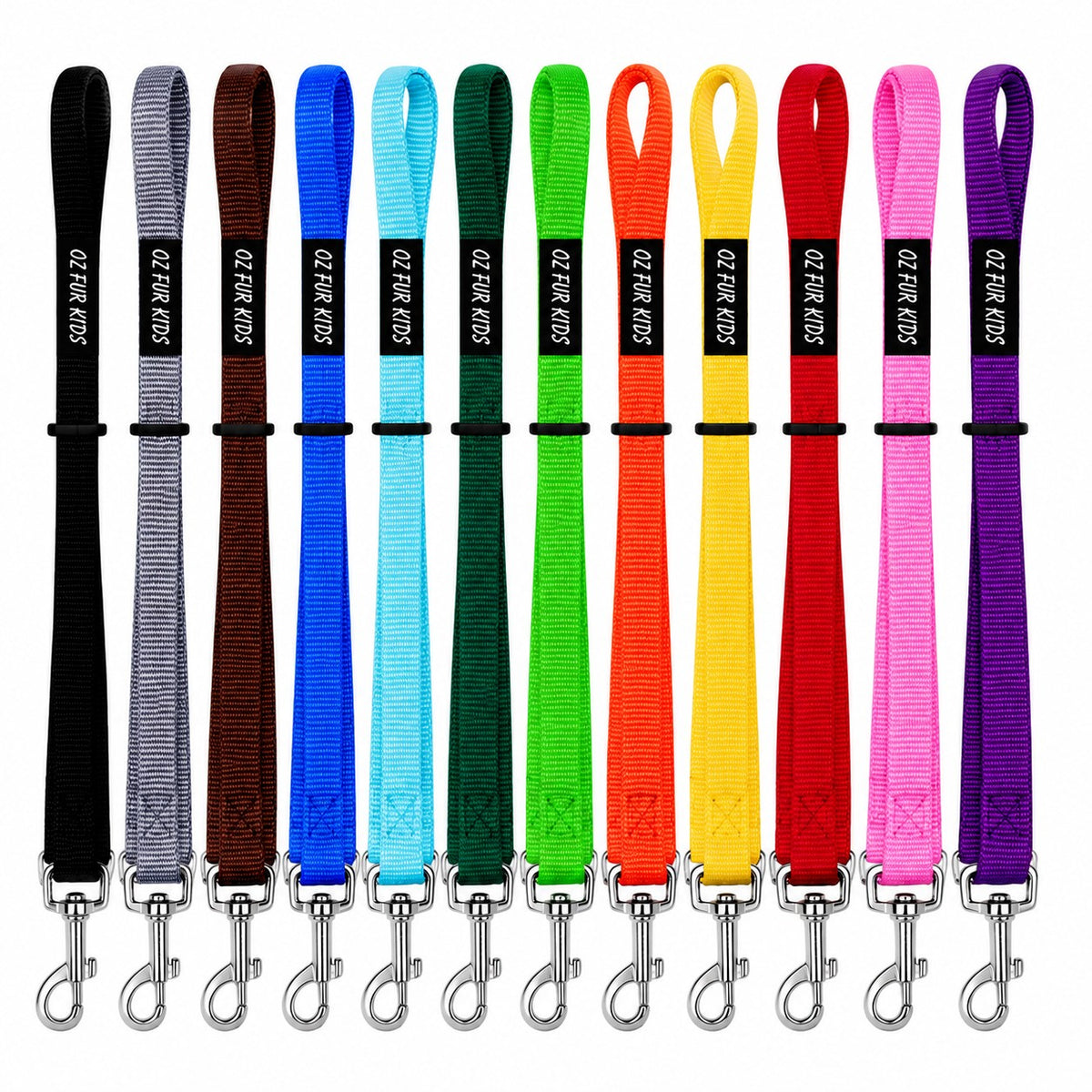 Set of 12 Oz Fur Kids Puppy Leads in solid colours on a white background