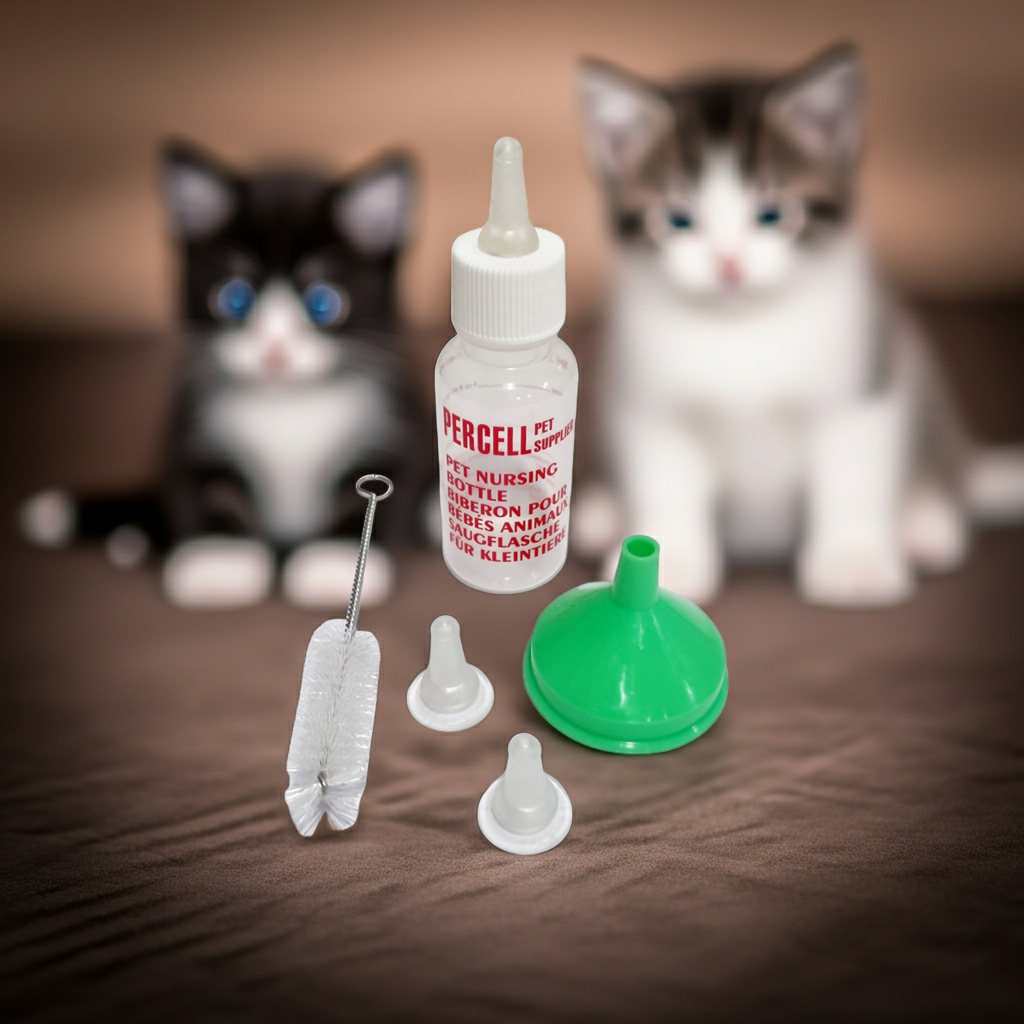 Percell Pet nursing bottle and accessories with two kittens in the background on a wooden surface.