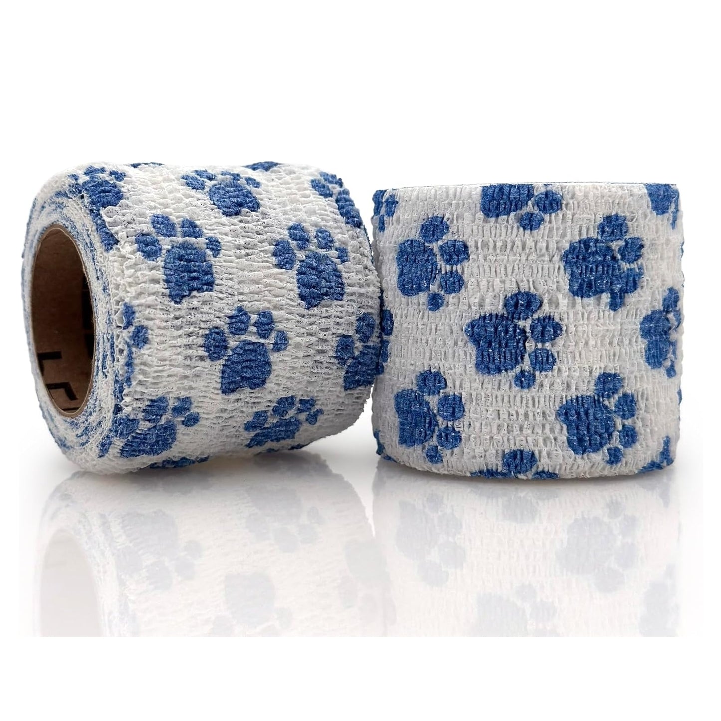 Two rolls of Petflex cohesive bandage with a blue paw print pattern, displayed on a reflective white surface.
