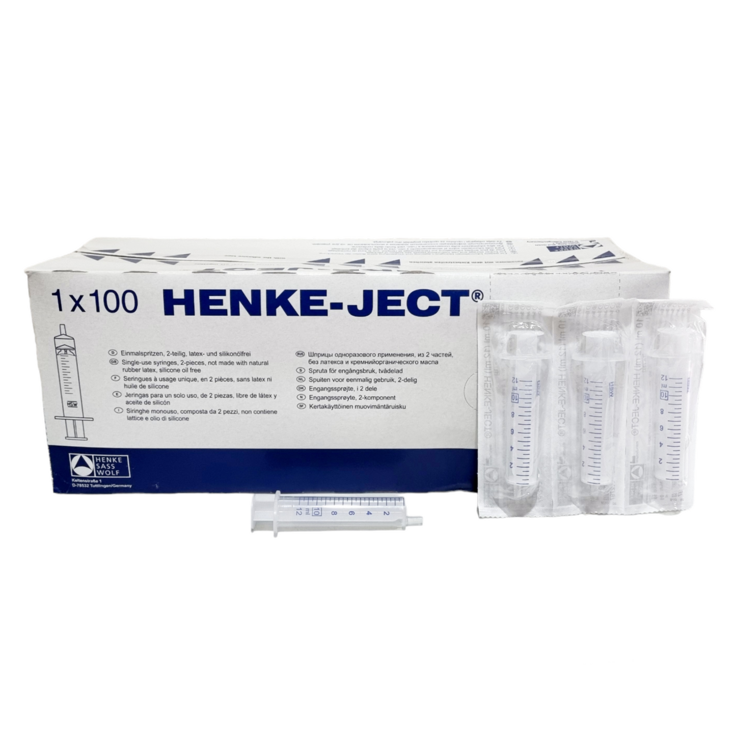 A box of HENKE-JECT brand Semen Safe Syringes, with individual syringes visible in front of the box. The packaging indicates these are latex free and comes in multiple sizes.