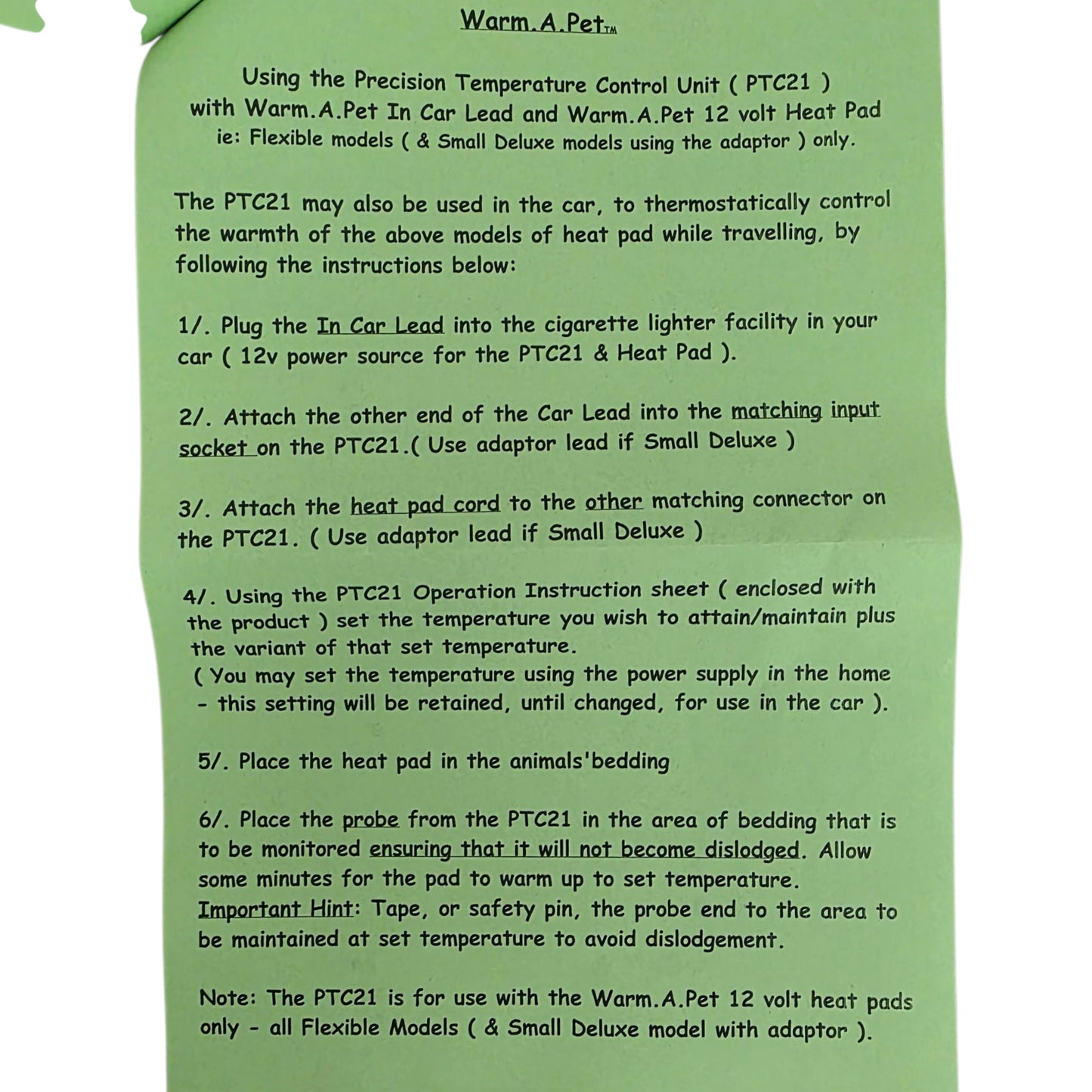 Green instruction sheet page 4 for Warm.A Pet heat pads with text on a white background