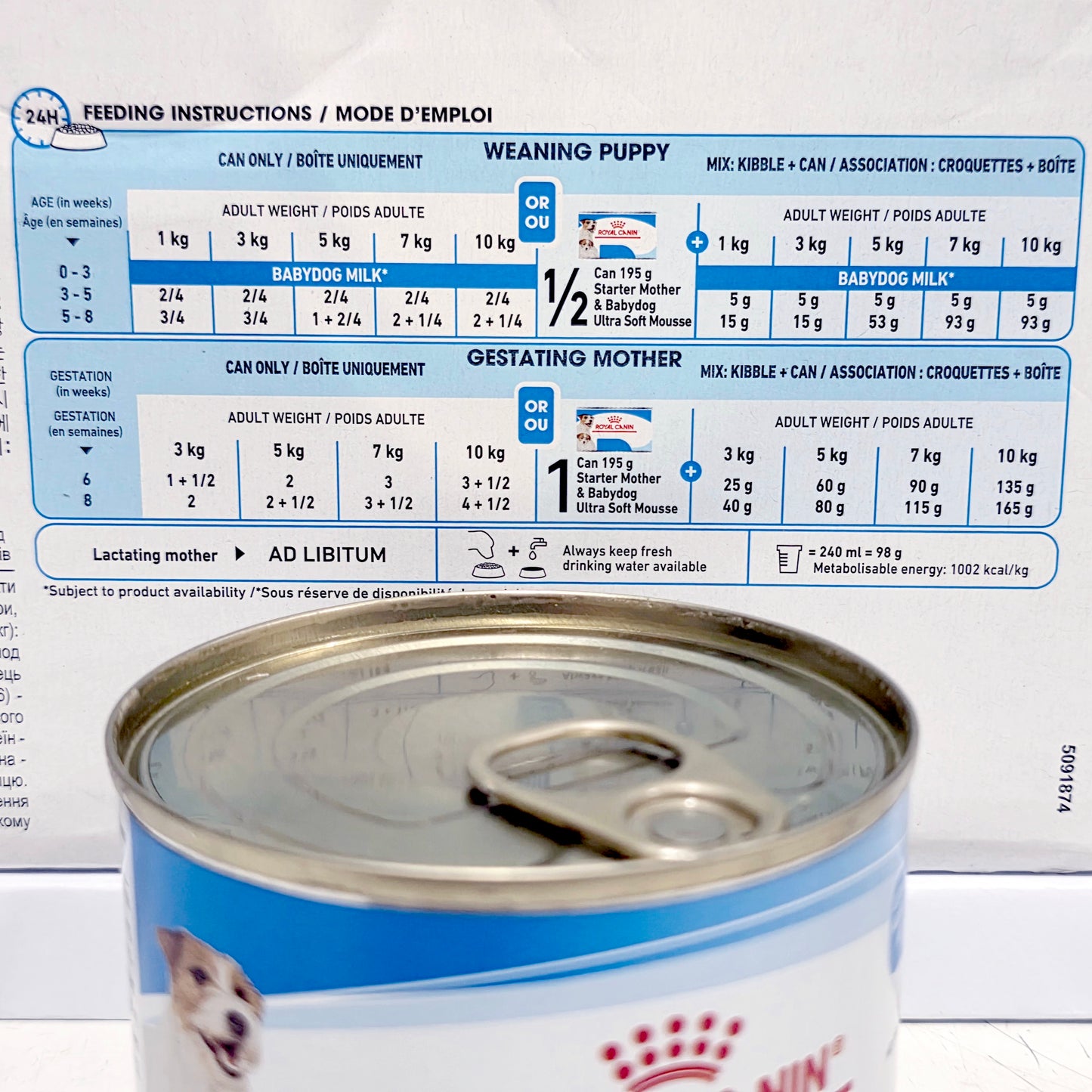 Royal Canin Mother and Baby Dog food can with feeding instructions on a white background