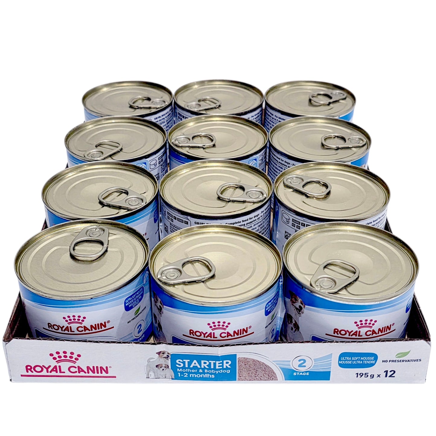 Box of Royal Canin Starter Mother & Babydog canned dog food with multiple cans.