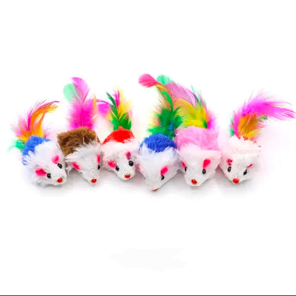 Six colorful toy mice with feather tails on a white background