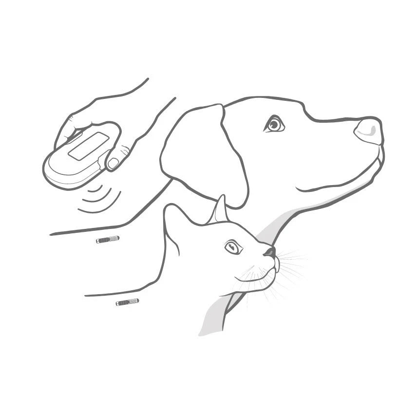 Black and white line art illustration showing a hand holding a microchip reader over a dog and a cat.