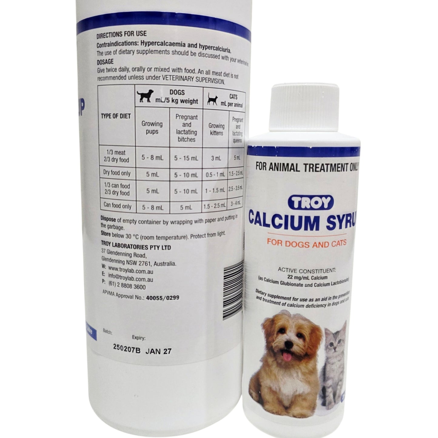 Two bottles of Troy Calcium Syrup for dogs and cats on a white background