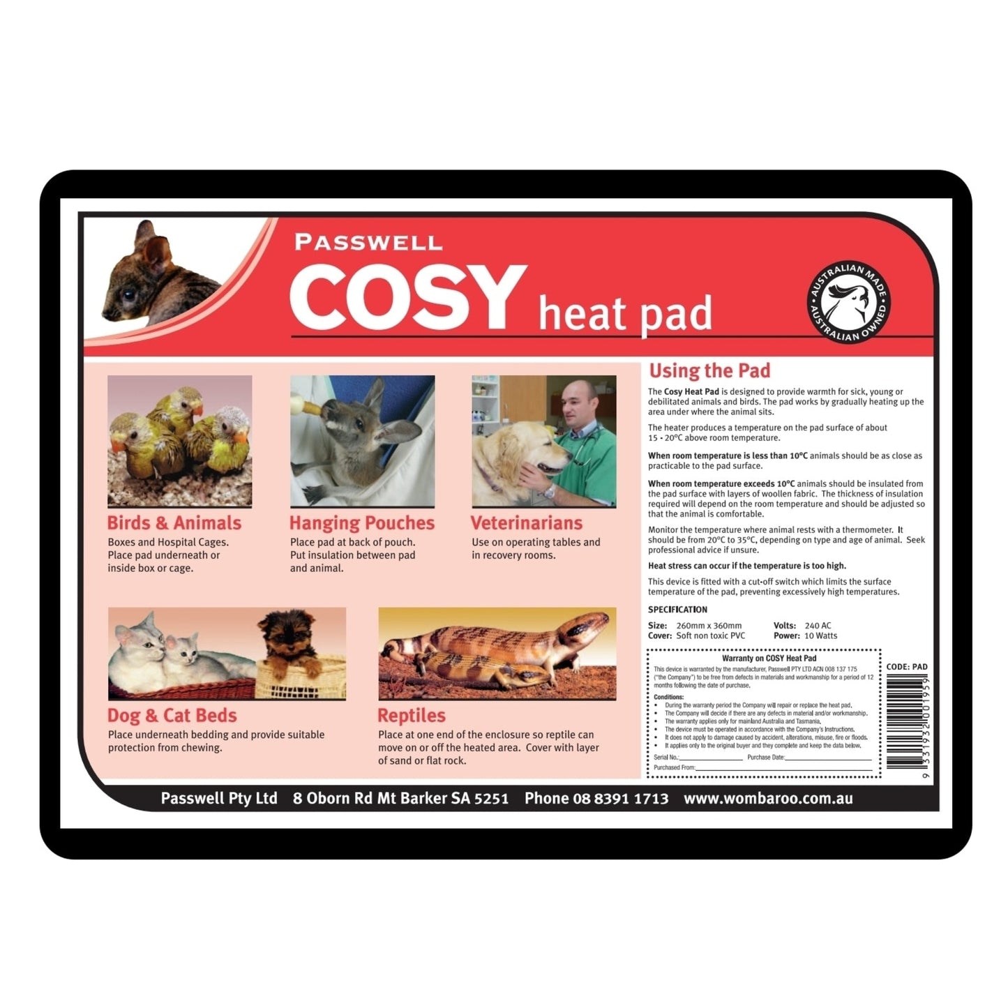 Passwell Cosy heat pad packaging with images and text on a white background