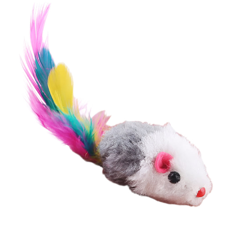 Cat toy resembling a mouse with colorful feathers on a white background