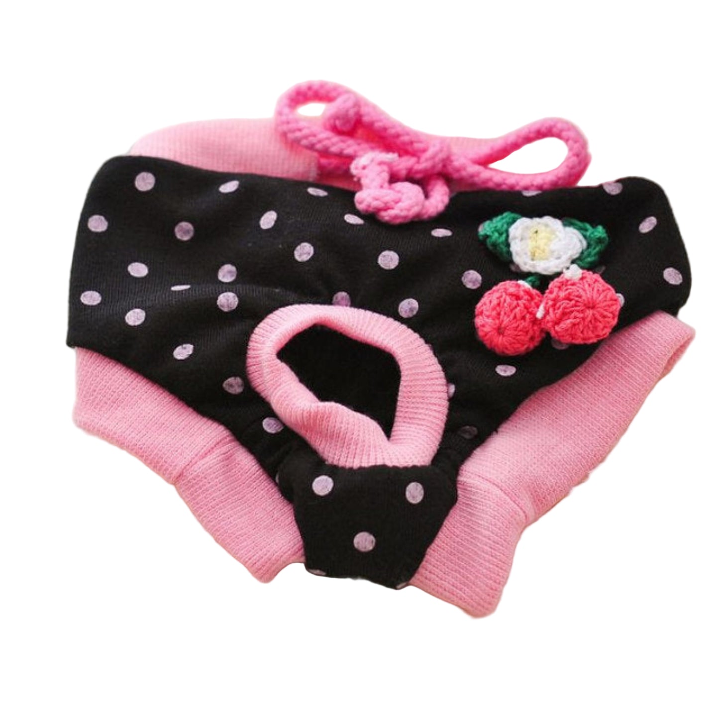 Pink dog diaper with dotted pattern and a strawberry design on the back.