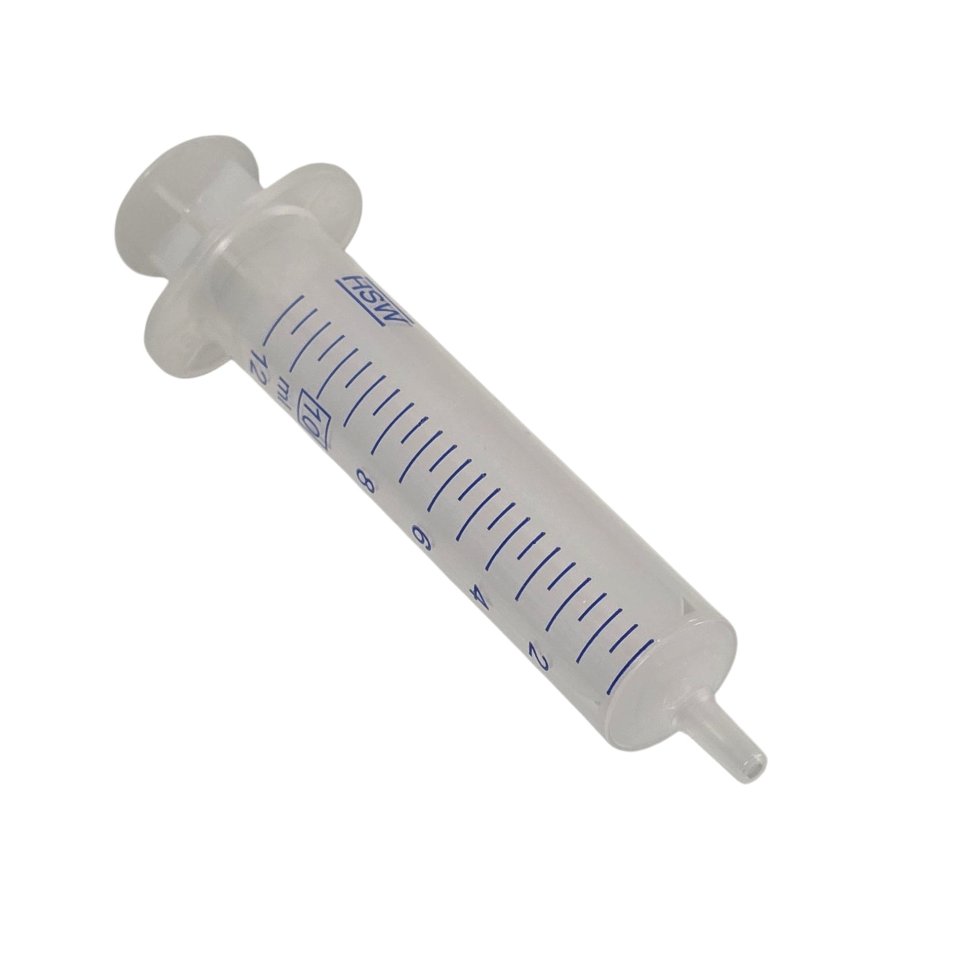 White syringe with measurement markings on a white background