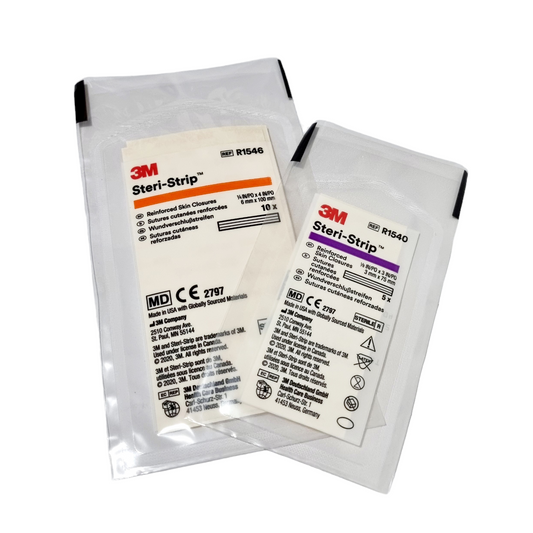 Packages of 3M Steri-Strips medical tape with product information and quantity indicated on the packaging.