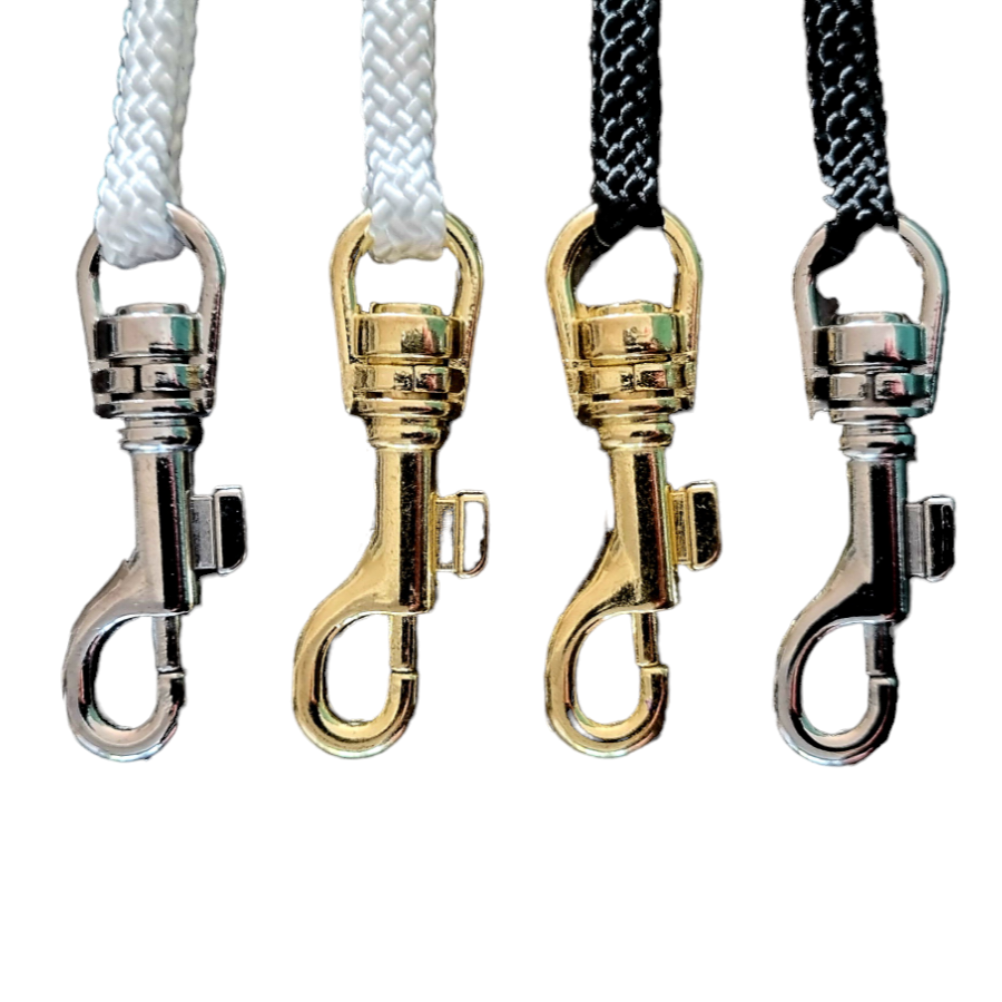 Four 5mm Flat Nylon Show Leads with different metal clasps on a white background
