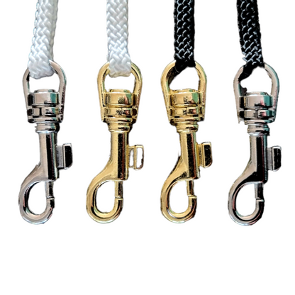 Four 5mm Flat Nylon Show Leads with different metal clasps on a white background