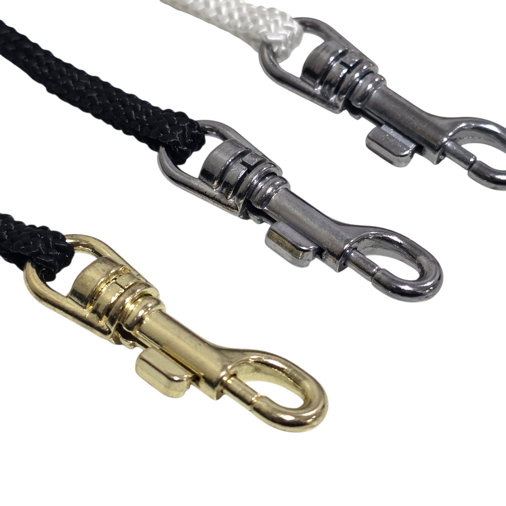 Three 5mm Flat Nylon Show Leads metal clasp with different finishes.