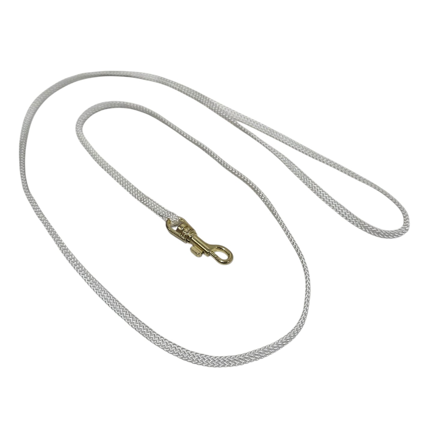 White 5mm Flat Nylon Show dog leash with a gold clasp on a white background