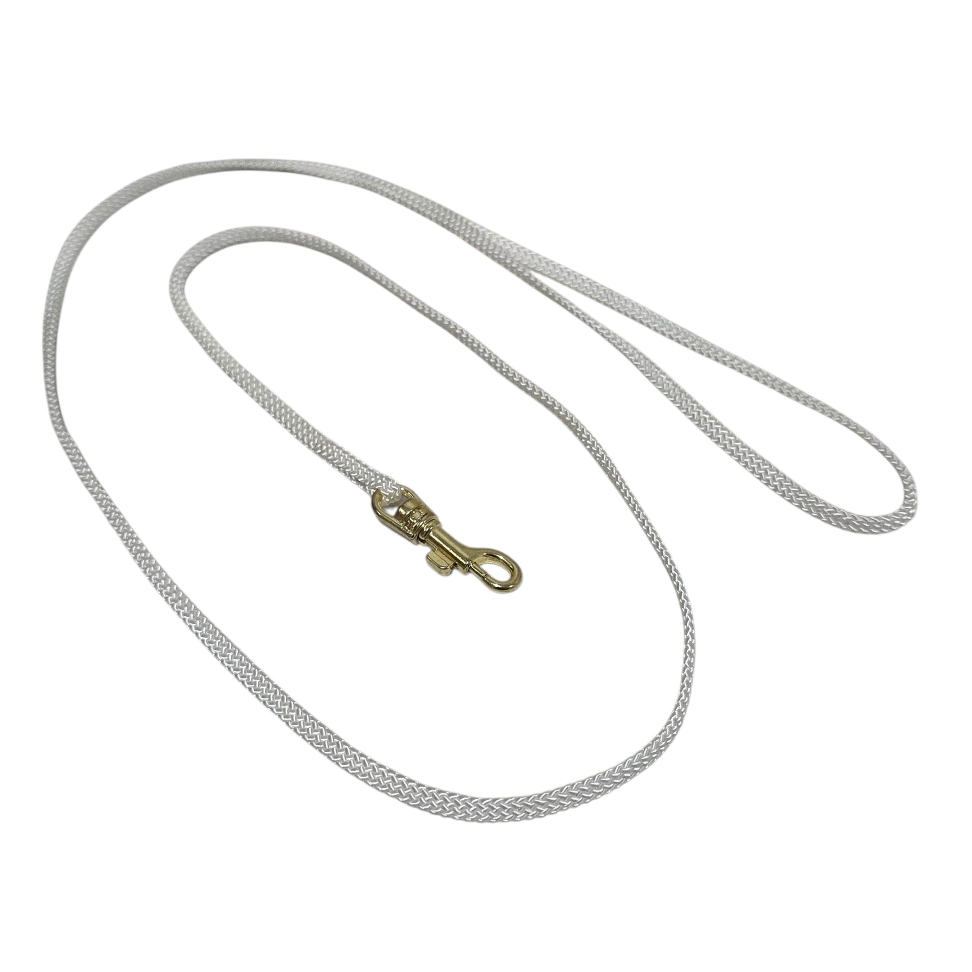 White 5mm Flat Nylon Show dog leash with a gold clasp on a white background