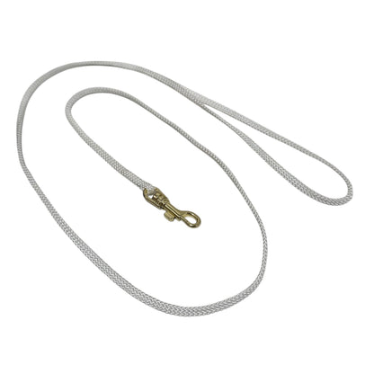 White 5mm Flat Nylon Show dog leash with a gold clasp on a white background