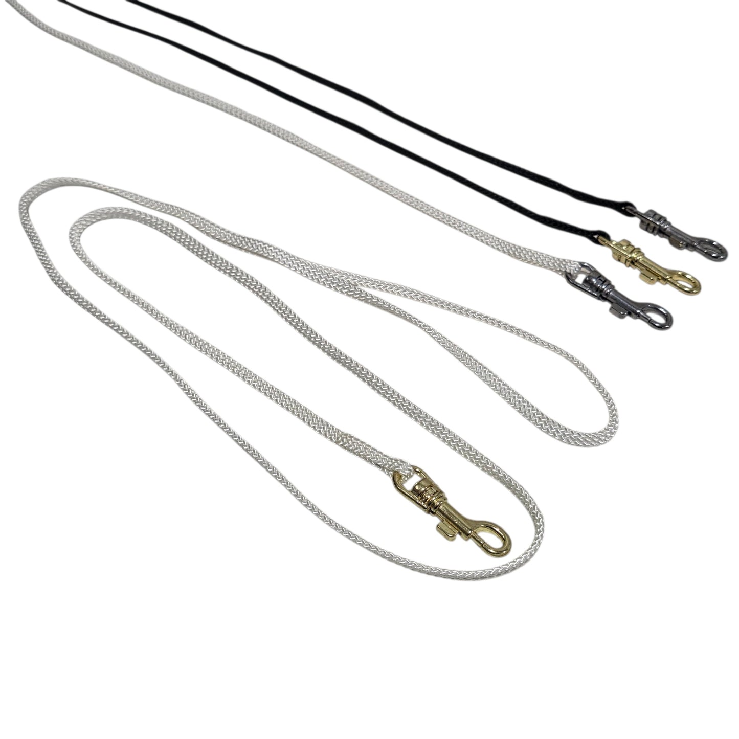 Three 5mm Flat Nylon Show Leads of different colors with metal swivel clasps on a white background