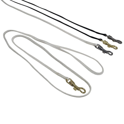 Three 5mm Flat Nylon Show Leads of different colors with metal swivel clasps on a white background