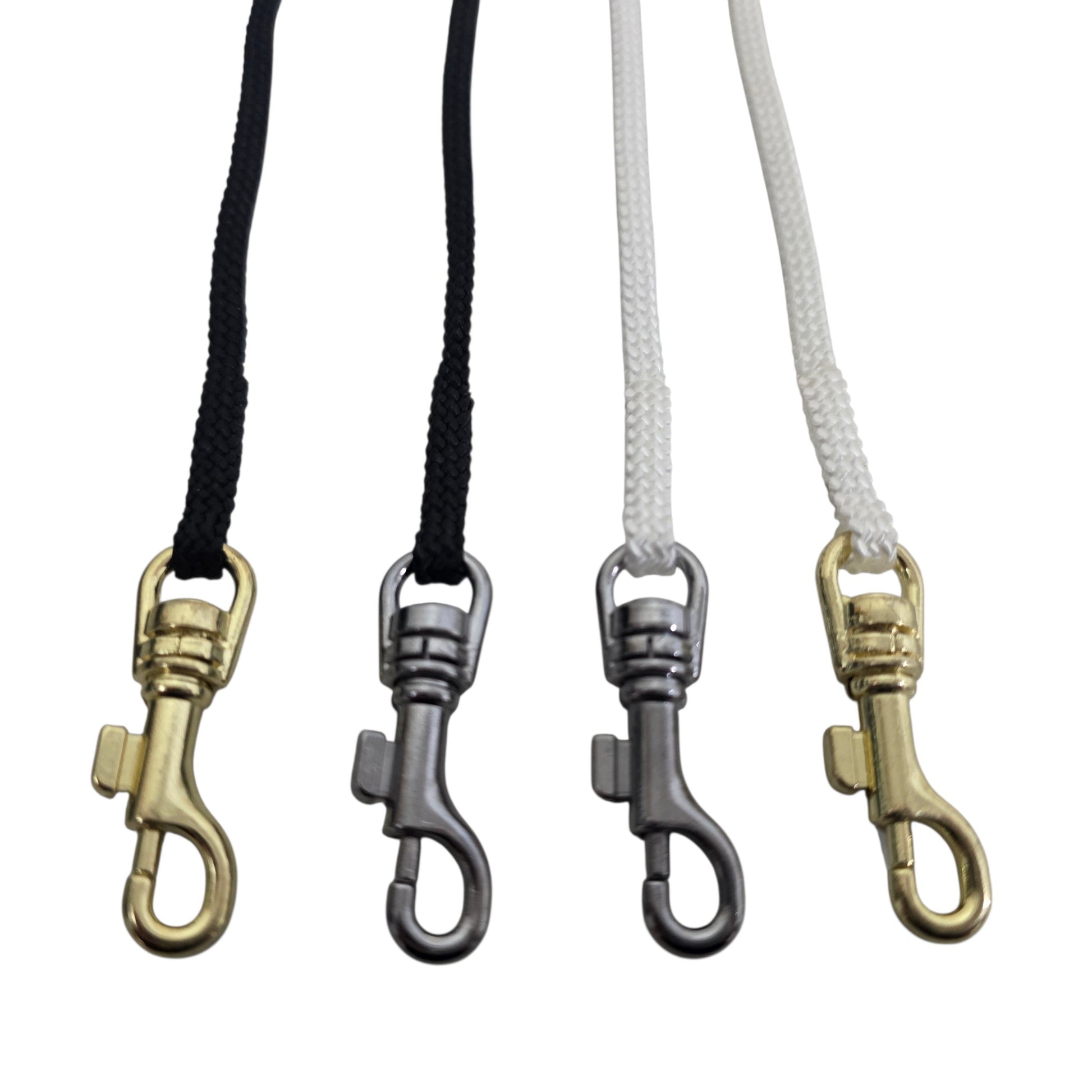 Four 5mm Flat Nylon Show Leads with metal clips in gold & silver on a white background.