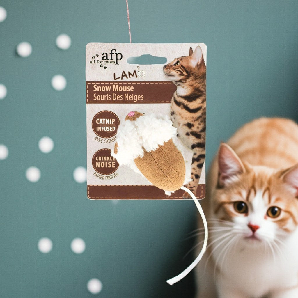 Catnip AFP Snow Mouse toy with packaging and a cat in front of a teal background with white snow