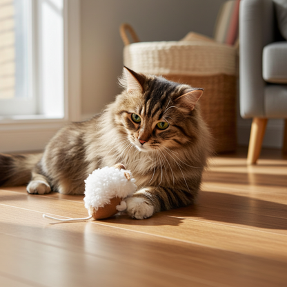 Cat playing with an AFP Snow Mouse toy on a wooden floor in a home setting