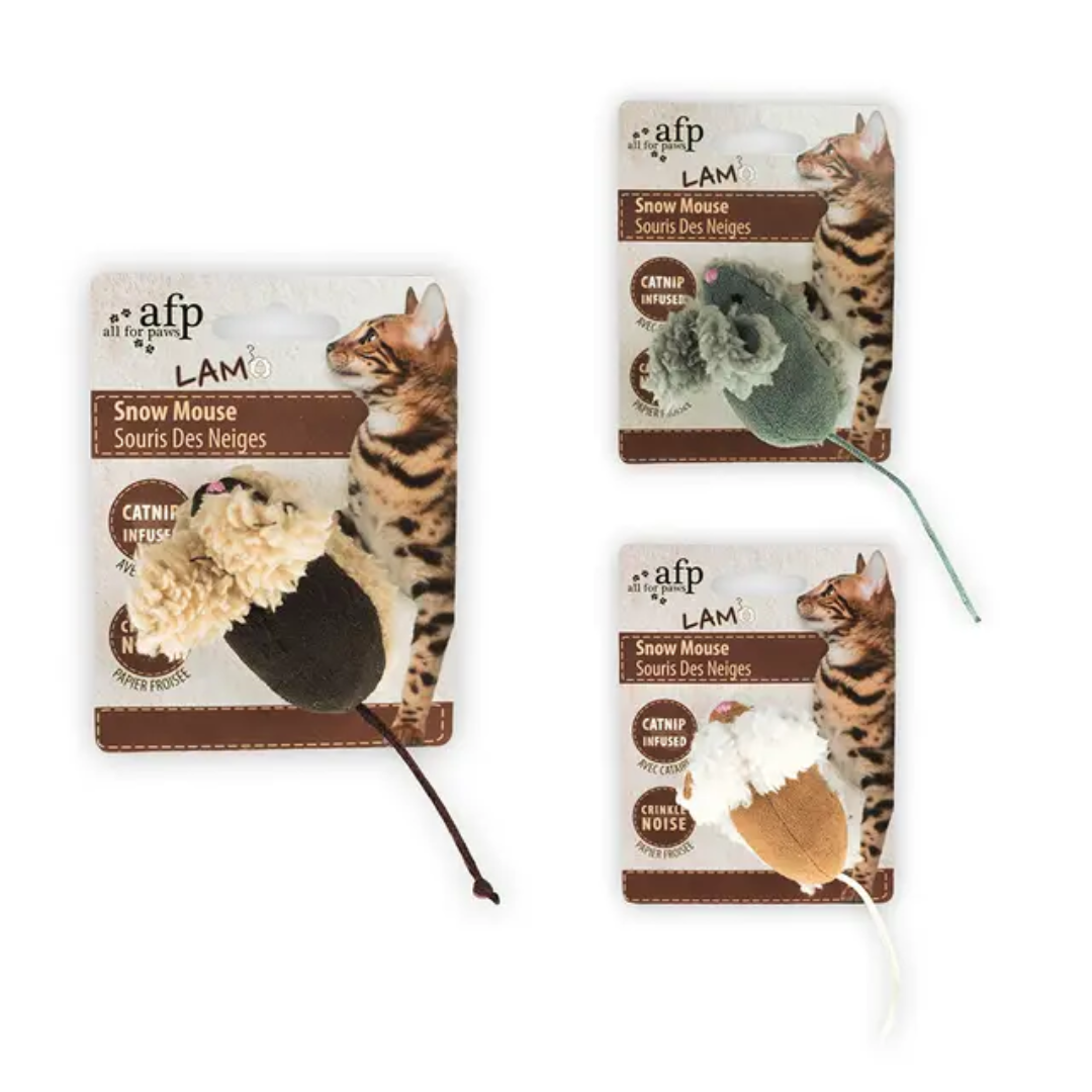 Three catnip-infused snow mouse toys with packaging on a white background