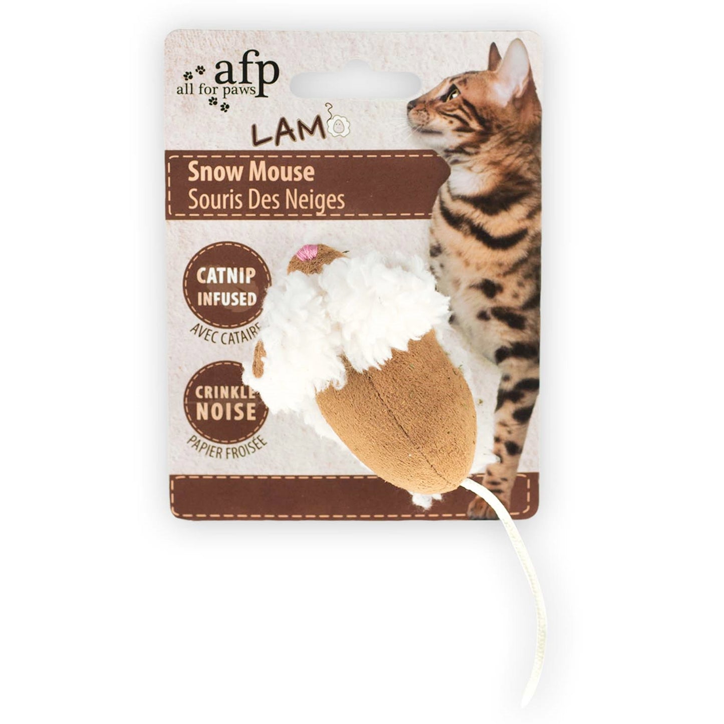 An AFP  Snow Mouse Toy resembling a mouse with a catnip infusion, packaged in a cardboard backing with a picture of a cat and the product brand 'AFP LAM Snow Mouse' displayed. 