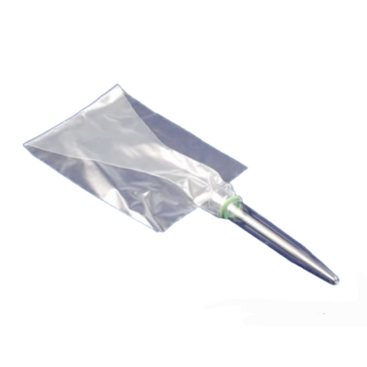A transparent polyethylene semen collection sheath with a pre-attached 15cc vial.