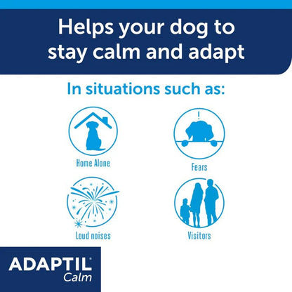 Advertisement for ADAPTIL Calm with icons and text on a blue background