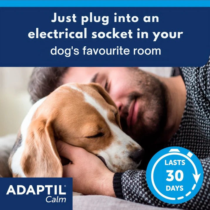 Person holding a dog with text about ADAPTIL Calm product, plug into electrical socket.