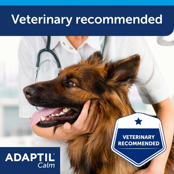 Dog being examined by a veterinarian with 'Veterinary Recommended' label and Adaptil Calm branding.