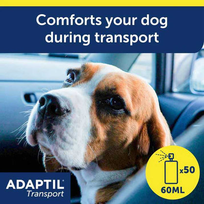 Dog looking out of a car window with ADAPTIL Transport product information displayed.