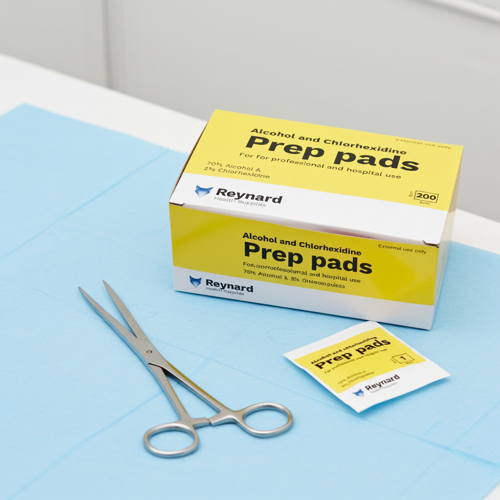 Box of Alcohol and Chlorhexidine Prep pads with a single pad and scissors on a blue surface
