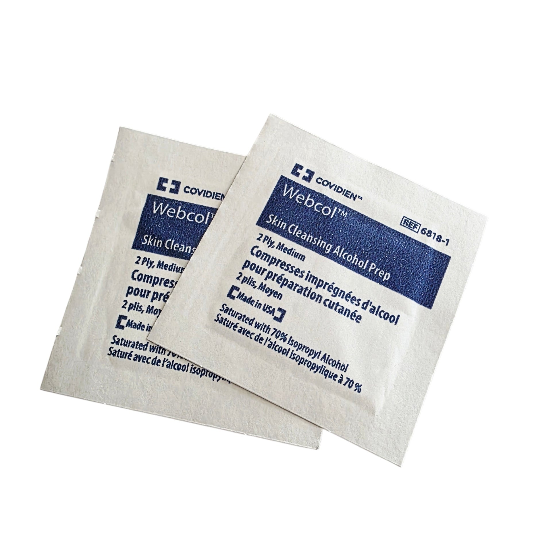 Two packages of Webcol skin cleansing alcohol prep pad wipes on a white background