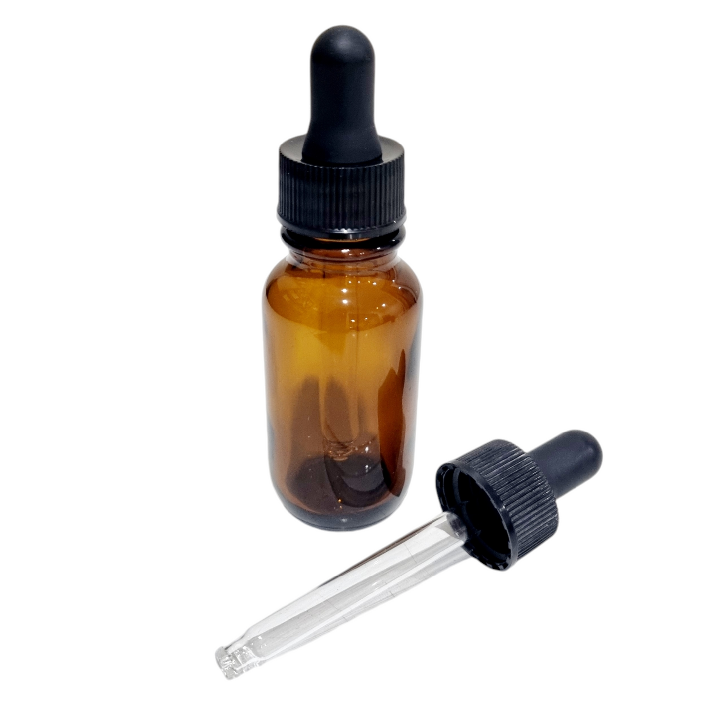 A 25mL amber glass dropper bottle with a black plastic lid and a glass dropper, on a white background.