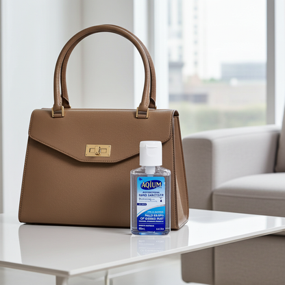 Brown handbag on a table with a bottle of Aquium hand sanitizer in front of it.