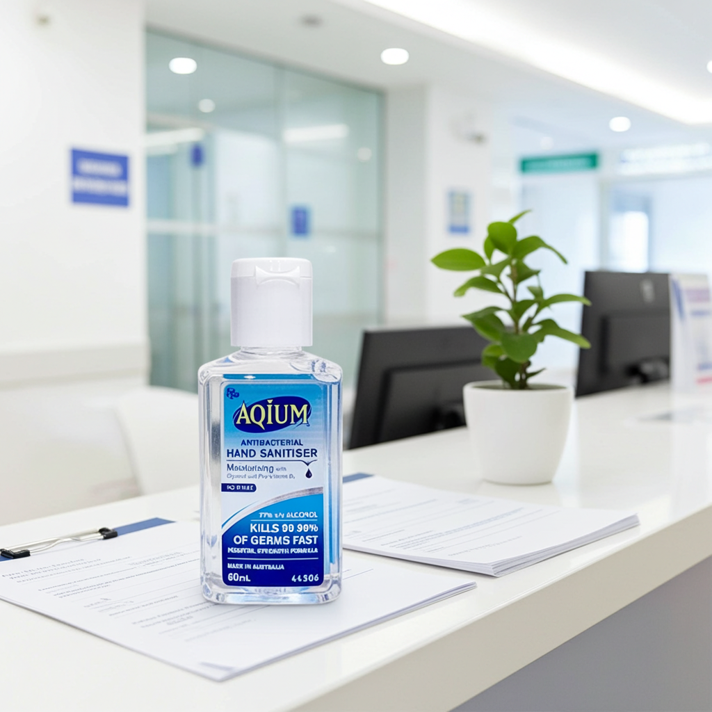 Aqium hand sanitiser on a hospital reception desk