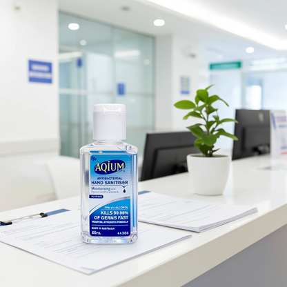 Aqium hand sanitiser on a hospital reception desk