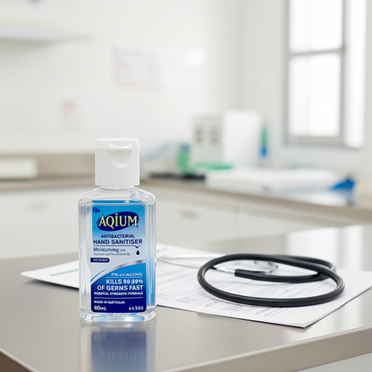 Aquium antibacterial hand sanitizer bottle on a veterinary desk with medical equipment in the background